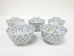 古伊万里　染付　金彩　網目に金魚模様　蓋物碗　5客